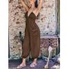 CUPSHE Women’s Plunge Halter Sleeveless Pleated Long Romper Knit Jogger Maxi Jumpsuit with Pockets(Coffee)