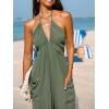 CUPSHE Women’s Plunge Halter Sleeveless Pleated Long Romper Knit Jogger Maxi Jumpsuit with Pockets(Olive Green)