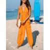 CUPSHE Women’s Plunge Halter Sleeveless Pleated Long Romper Knit Jogger Maxi Jumpsuit with Pockets(Orange)