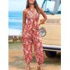 CUPSHE Women’s Plunge Halter Sleeveless Pleated Long Romper Knit Jogger Maxi Jumpsuit with Pockets(Red Paisley)