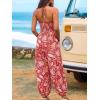 CUPSHE Women’s Plunge Halter Sleeveless Pleated Long Romper Knit Jogger Maxi Jumpsuit with Pockets(Red Paisley)