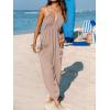 CUPSHE Women’s Plunge Halter Sleeveless Pleated Long Romper Knit Jogger Maxi Jumpsuit with Pockets(Sand)