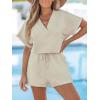 CUPSHE Women’s Romper Knit V Neck Short Sleeves Drawstring Waist Straight leg Outfit Casual Dressy(Beige)