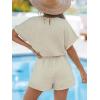 CUPSHE Women’s Romper Knit V Neck Short Sleeves Drawstring Waist Straight leg Outfit Casual Dressy(Beige)