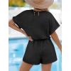 CUPSHE Women’s Romper Knit V Neck Short Sleeves Drawstring Waist Straight leg Outfit Casual Dressy(Black)