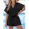 CUPSHE Women’s Romper Knit V Neck Short Sleeves Drawstring Waist Straight leg Outfit Casual Dressy(Black)