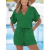 CUPSHE Women’s Romper Knit V Neck Short Sleeves Drawstring Waist Straight leg Outfit Casual Dressy(Emerald Green)