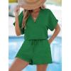 CUPSHE Women’s Romper Knit V Neck Short Sleeves Drawstring Waist Straight leg Outfit Casual Dressy(Emerald Green)