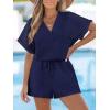 CUPSHE Women’s Romper Knit V Neck Short Sleeves Drawstring Waist Straight leg Outfit Casual Dressy(Navy Blue)