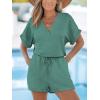CUPSHE Women’s Romper Knit V Neck Short Sleeves Drawstring Waist Straight leg Outfit Casual Dressy(Teal Green)