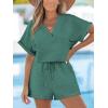 CUPSHE Women’s Romper Knit V Neck Short Sleeves Drawstring Waist Straight leg Outfit Casual Dressy(Teal Green)