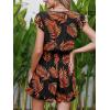 CUPSHE Women’s Romper Tropical Flutter Sleeve Boho Overall V Neck Wide Leg Outfit Casual Beach(Black/Orange Leaves)