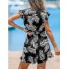 CUPSHE Women’s Romper Tropical Flutter Sleeve Boho Overall V Neck Wide Leg Outfit Casual Beach(Black/White Leaves)