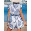 CUPSHE Women’s Romper Tropical Flutter Sleeve Boho Overall V Neck Wide Leg Outfit Casual Beach(Blue Fern)