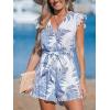 CUPSHE Women’s Romper Tropical Flutter Sleeve Boho Overall V Neck Wide Leg Outfit Casual Beach(Blue Fern)