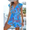 CUPSHE Women’s Romper Tropical Flutter Sleeve Boho Overall V Neck Wide Leg Outfit Casual Beach(Blue-red)