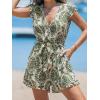 CUPSHE Women’s Romper Tropical Flutter Sleeve Boho Overall V Neck Wide Leg Outfit Casual Beach(Green)