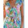 CUPSHE Women’s Romper Tropical Flutter Sleeve Boho Overall V Neck Wide Leg Outfit Casual Beach(Green Floral)