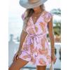 CUPSHE Women’s Romper Tropical Flutter Sleeve Boho Overall V Neck Wide Leg Outfit Casual Beach(Purple/Orange Leaves)