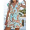 CUPSHE Women’s Romper Tropical Flutter Sleeve Boho Overall V Neck Wide Leg Outfit Casual Beach(Teal/Orange Leaves)