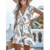 CUPSHE Women’s Romper Tropical Flutter Sleeve Boho Overall V Neck Wide Leg Outfit Casual Beach(White/Black Leaves)