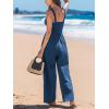 CUPSHE Women’s Romper V Neck Cami Keyhole Straight leg Jumpsuit Wide leg Outfit Casual Dressy(Blue Navy)