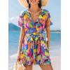 CUPSHE Women’s Romper V Neck Short Sleeves Colorful Tropical Jumpsuit Straight leg Outfit Casual Dressy(Tropical Leaf)