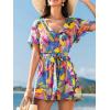 CUPSHE Women’s Romper V Neck Short Sleeves Colorful Tropical Jumpsuit Straight leg Outfit Casual Dressy(Tropical Leaf)