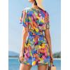 CUPSHE Women’s Romper V Neck Short Sleeves Colorful Tropical Jumpsuit Straight leg Outfit Casual Dressy(Tropical Leaf)