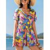 CUPSHE Women’s Romper V Neck Short Sleeves Colorful Tropical Jumpsuit Straight leg Outfit Casual Dressy(Tropical Leaf)
