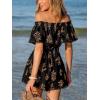 CUPSHE Women’s Summer Casual 3/4 Sleeve Romper Wide Leg Floral Tropical Off Shoulder Elastic Waist Jumpsuit with Pockets(Black Floral)