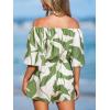 CUPSHE Women’s Summer Casual 3/4 Sleeve Romper Wide Leg Floral Tropical Off Shoulder Elastic Waist Jumpsuit with Pockets(Green)