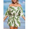 CUPSHE Women’s Summer Casual 3/4 Sleeve Romper Wide Leg Floral Tropical Off Shoulder Elastic Waist Jumpsuit with Pockets(Green)