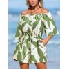 CUPSHE Women’s Summer Casual 3/4 Sleeve Romper Wide Leg Floral Tropical Off Shoulder Elastic Waist Jumpsuit with Pockets(Green)