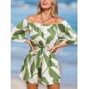 CUPSHE Women’s Summer Casual 3/4 Sleeve Romper Wide Leg Floral Tropical Off Shoulder Elastic Waist Jumpsuit with Pockets(Green)