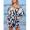 CUPSHE Women’s Summer Casual 3/4 Sleeve Romper Wide Leg Floral Tropical Off Shoulder Elastic Waist Jumpsuit with Pockets(Navy)