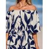 CUPSHE Women’s Summer Casual 3/4 Sleeve Romper Wide Leg Floral Tropical Off Shoulder Elastic Waist Jumpsuit with Pockets(Navy)