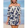 CUPSHE Women’s Summer Casual 3/4 Sleeve Romper Wide Leg Floral Tropical Off Shoulder Elastic Waist Jumpsuit with Pockets(Navy)