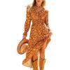 CUPSHE Maxi Dresses for Women V Neck Ruffled Long Sleeve Paisley Smocked Waist A Line Casual Flowy Fall Wedding Guest Dress(Burnt Orange)
