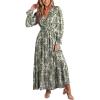 CUPSHE Maxi Dresses for Women V Neck Ruffled Long Sleeve Paisley Smocked Waist A Line Casual Flowy Fall Wedding Guest Dress(Green Paisley)