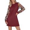 CUPSHE Mini Dresses for Women Round Neck Sheer Long Sleeve Floral Knit A Line Fall Casual Dress(Burgundy)