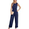 CUPSHE Summer Maxi Jumpsuit Round Neck Sleeveless Wide Leg One Piece Fall Outfit Pockets Fitted Overall Casual Maxi Romper(Navy Blue)