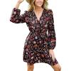 CUPSHE Women Floral Ruffle Summer Dress Surplice V Neck Long Peasant Sleeve Elastic Waist Flowy Casual Holiday Mini Dress(Black Red Floral)
