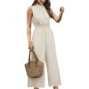 CUPSHE Women Floral Summer Maxi Jumpsuit with Pocket Mock Neck Elastic Waist Wide Leg Business Wedding Casual Holiday Dressy(Beige)