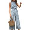 CUPSHE Women Floral Summer Maxi Jumpsuit with Pocket Mock Neck Elastic Waist Wide Leg Business Wedding Casual Holiday Dressy(Blue Floral)
