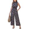 CUPSHE Women Floral Summer Maxi Jumpsuit with Pocket Mock Neck Elastic Waist Wide Leg Business Wedding Casual Holiday Dressy(Navy Blue Yellow Floral)