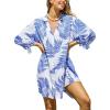 CUPSHE Women Mini Summer Dress Cover Up Oversize Floral Shirt 3/4 Sleeve Cuff Tie Button Down Beach Dresses Cover Up Top(Blue Leaf)