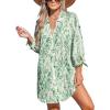 CUPSHE Women Mini Summer Dress Cover Up Oversize Floral Shirt 3/4 Sleeve Cuff Tie Button Down Beach Dresses Cover Up Top(Green Floral)