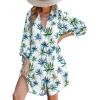 CUPSHE Women Mini Summer Dress Cover Up Oversize Floral Shirt 3/4 Sleeve Cuff Tie Button Down Beach Dresses Cover Up Top(Green Leaf)