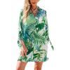 CUPSHE Women Mini Summer Dress Cover Up Oversize Floral Shirt 3/4 Sleeve Cuff Tie Button Down Beach Dresses Cover Up Top(Green Tropical)